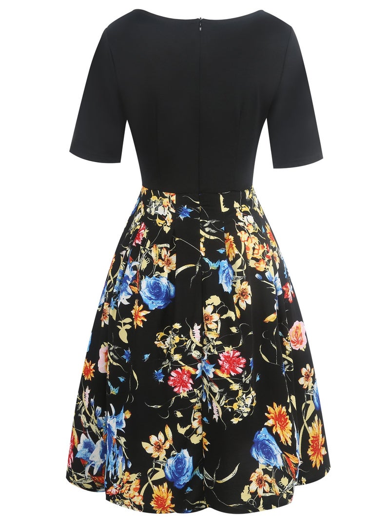 oxiuly Women's Vintage Patchwork Pockets Puffy Swing Casual Party Dress OX165 (Black Floral, l) - Image 4